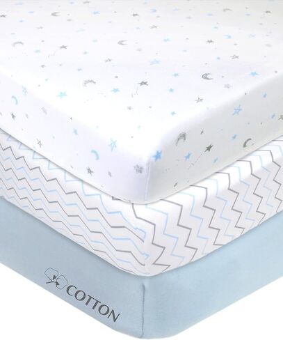 American Baby Company 3 Pack Fitted Mini Crib Sheet 38x24",Blue/Star/Zigzag | 100% Natural Cotton Small Nesting Portable Crib Sheet, Fits Pack N Play Mattress - Soft & Breathable, Neutral for Boy & Girl in Kuwait