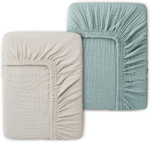 2 Pack Muslin Crib Sheets for Standard Crib Mattress 52" x 28", Olive/Beige | 100% Cotton, Soft Breathable, for Baby Girls Boys, Deep Pockets (9’’) for Secure Fit in Saudi Arabia