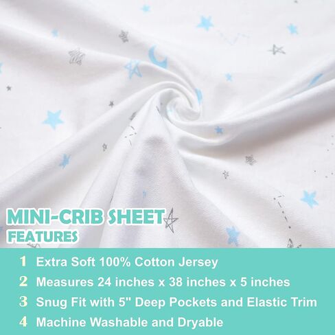 American Baby Company 3 Pack Fitted Mini Crib Sheet 38x24",Blue/Star/Zigzag | 100% Natural Cotton Small Nesting Portable Crib Sheet, Fits Pack N Play Mattress - Soft & Breathable, Neutral for Boy & Girl in Kuwait