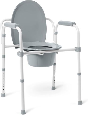 Medline 3-in-1 Steel Bedside Commode, Standard Seat, Sturdy Folding Frame, 7.5 QT. Bucket, 350 lb. Weight Capacity, Clip-on Seat, Easy Cleaning, Tool-Free Assembly, Gray in Kuwait