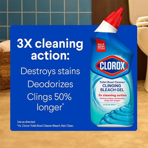 Clorox Toilet Bowl Cleaner Clinging Bleach Gel, Kills 99.9% of Bacteria and Viruses, Ocean Mist, 24 Fl Oz, Pack of 2 in Kuwait