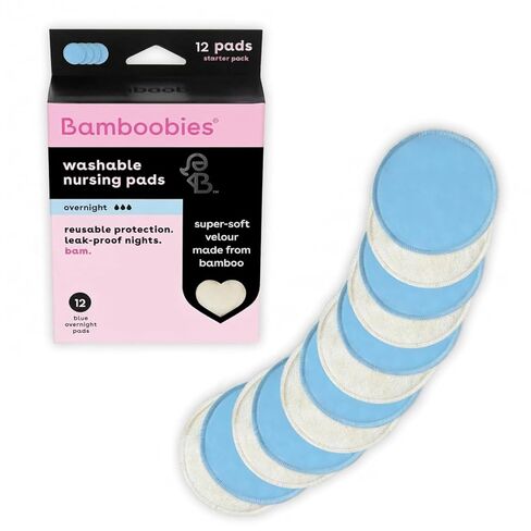 Bamboobies Soft Reusable Overnight Nursing Pads for Breastfeeding, 12 Count | Thicker overnight core absorbs heavy leaks while you sleep, in ultra soft velour. Washable and reusable day or night. in Kuwait