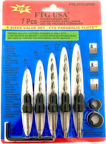 FTG USA 6Pc #6 (9/64") Parabolic Hex Shank Wood Countersink Drill Bit Set | All-same-size: 6 of #6(9/64"). Parabolic flute hex shank counter sink drill bit for wood, 3/8" depth stop, 1 hex key in Kuwait