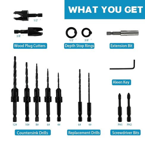 15-Piece Countersink Drill Bit Set for Woodworking | Adjustable Tapered Counter Sink Drill Bits, 2PC Wood Plug Cutters, Magnetic Extension Bit Holder, 1/4" Hex Shank in Kuwait