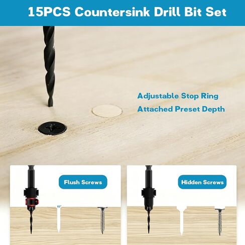 15-Piece Countersink Drill Bit Set for Woodworking | Adjustable Tapered Counter Sink Drill Bits, 2PC Wood Plug Cutters, Magnetic Extension Bit Holder, 1/4" Hex Shank in Kuwait