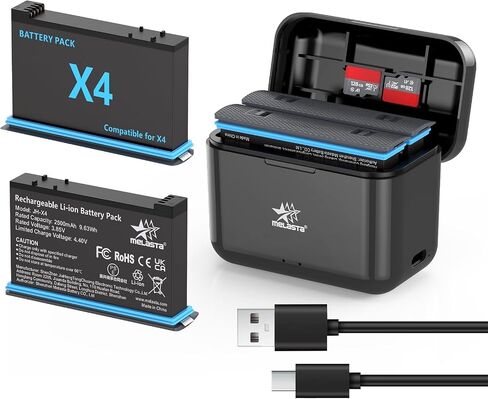 melasta Battery for Insta360 X4 Camera, 3.85V 2500mAh Li-ion Replacement Battery Pack Charger for Insta 360 X4 with 2 X Batteries and 1 X Charger (Dual Ports) in Kuwait
