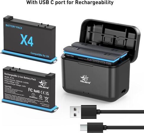 melasta Battery for Insta360 X4 Camera, 3.85V 2500mAh Li-ion Replacement Battery Pack Charger for Insta 360 X4 with 2 X Batteries and 1 X Charger (Dual Ports) in Kuwait