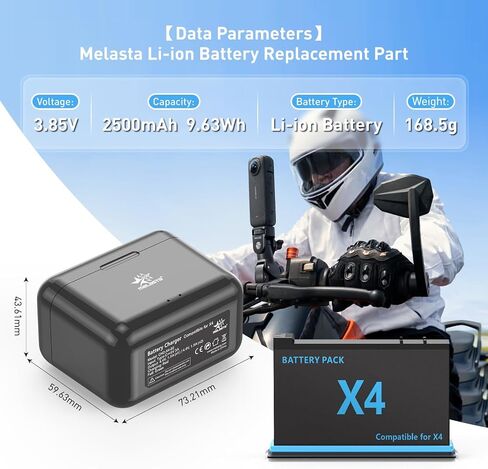 melasta Battery for Insta360 X4 Camera, 3.85V 2500mAh Li-ion Replacement Battery Pack Charger for Insta 360 X4 with 2 X Batteries and 1 X Charger (Dual Ports) in Kuwait