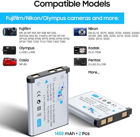 NP-45 Battery 2-Pack and Charger Set, Rechargeable Dual Battery Case | Camera Accessories for Fujifilm INSTAX Mini 90, Fuji FinePix XP140/130/120/90/80/70/60/30/20, T560/550/510/500/400/360 in Kuwait