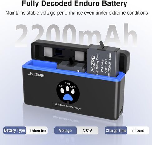 JYJZPB Hero 13 Battery for GoPro Hero 13 Black Camera | 2-Pack Enduro Hero 13 Batteries and 3-Channel Upgraded Type-C Fast Charger - 2200mAh in Kuwait