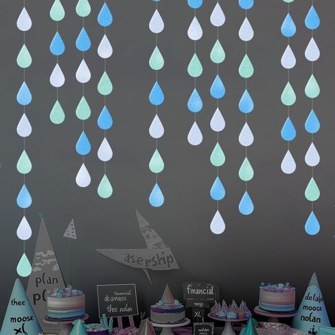 Blue White Raindrop Garland, 30ft Blue and White Hanging Water Drop Decorations for Baby Shower, Rain Themed Party, Weather Themed Birthday, Under The Sea Party, Nursery Room Wall Décor in Kuwait