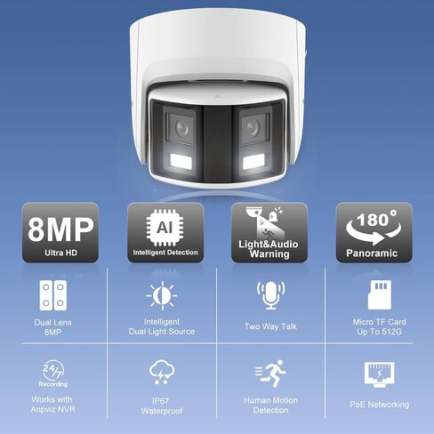 Anpviz 4K/8MP PoE Dual Lens Security Camera Outdoor 180 Degree Wide Angle | 180° Panoramic IP Wired Camera with Human/Vehicle Detection, Two-Way Talk, Built-in Micro SD Card Slot, IP67Metal in Kuwait