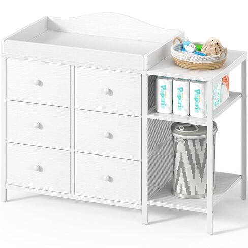 BOLUO Baby Dresser with Changing Table Top, White Changing Table Dresser with 6 Fabric Drawers Diaper Changing Station with Storage Shelf for Nursery Modern in Kuwait