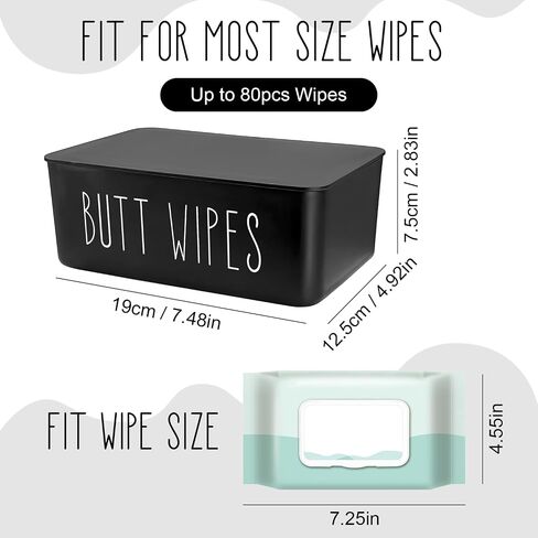 Baby Wipes Dispenser 7.48" L x 4.52" W x 2.75" H (19x11.5x7cm) | Flushable Wipes Container for Bathroom, Diaper Wipe Holder, Black in Kuwait