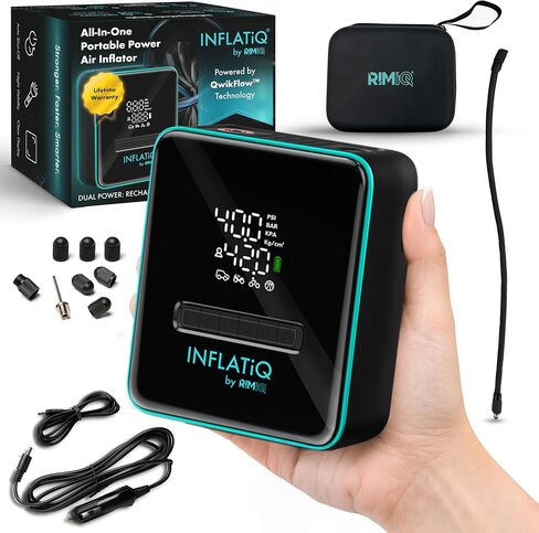 INFLATiQ by RIMiQ Portable Tire Inflator Air Compressor – Twice as Fast QwikFlow Technology with Auto Shut-Off – 11.1V Rechargeable Air Pump with Metal Gears and Premium Carry Case in Saudi Arabia