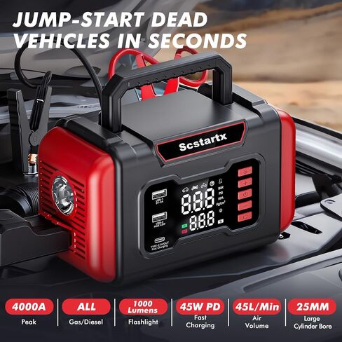 Portable Car Jump Starter Air Compressor, 4000A Peck 150 PSI Cordless Tire Inflator Battery Pump Rechargeable 12 Volt, Air Pump for Auto, Motorcycle, Bicycle, Balls with LED Light in Kuwait