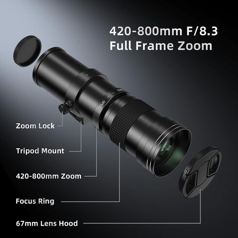 420-800mm f/8.3 Super Telephoto Lens with 3 T-Adapters for Sony E Mount, Canon EF, Nikon F | Manual Focus (No Auto-Focus) Mirrorless DSLR Camera Lens for Moon & Wildlife Photography in Kuwait