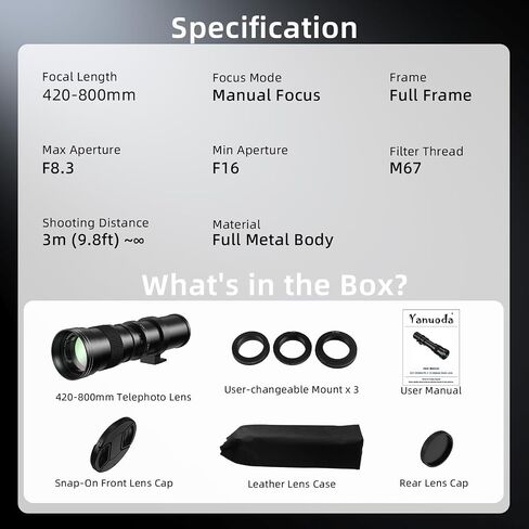 420-800mm f/8.3 Super Telephoto Lens with 3 T-Adapters for Sony E Mount, Canon EF, Nikon F | Manual Focus (No Auto-Focus) Mirrorless DSLR Camera Lens for Moon & Wildlife Photography in Kuwait