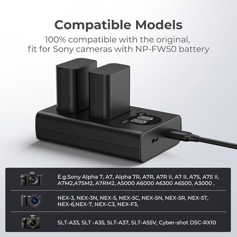K&F Concept NP-FW50 Charger, Dual Slot LCD ZV-E10 Battery Charger Compatible with Sony A7, A7ii, A6000, A6300, A6400, ZV-E10 Cameras in Kuwait