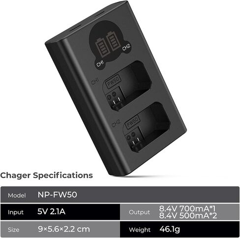 K&F Concept NP-FW50 Charger, Dual Slot LCD ZV-E10 Battery Charger Compatible with Sony A7, A7ii, A6000, A6300, A6400, ZV-E10 Cameras in Kuwait