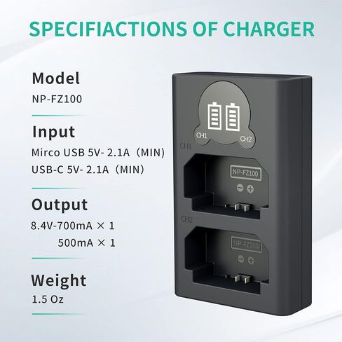 LP NP-FZ100 Battery and Charger, 2600mAh 2-Pack Replacement Battery for Sony A7iii, A7iv, A7C, FX3, FX30, A9, A6600, A6700, ZV-E1, ZV-E10ii, Alpha 9, A9S, A7R III, A7R IV, A7R V Camera Batteries in Kuwait