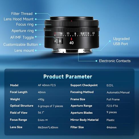 7artisans AF 40mm F2.5 Full-Frame Auto Lens for Sony E-Mount Cameras (90g, Black) | Ultra-Compact Prime Lens with 9-Blade Aperture,Fast Autofocus,Ideal for Vlogging Street Photography and Video in Kuwait