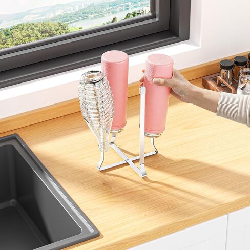 Foldable Water Bottle Drying Rack, Stainless Steel Tumbler Dryer Stand for Kitchen Counter, Multifunctional Space-Saving Cup Drainer for Bottles, Baby Bottles, Glasses & Reusable Bag (Silver, 1PC) in Kuwait
