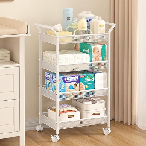 Baby Diaper Caddy Cart, 4-Tier Diaper Caddy Organizer and Storage, Rolling Utility Cart for Baby Supplies, Diaper Cart with Wheels for Bedroom, Nursery, Changing Table, White in Kuwait