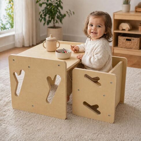 Montessori Weaning Table and Chair Solid Wooded Toddler Table and Chair Set Kids Montessori Furniture in Kuwait