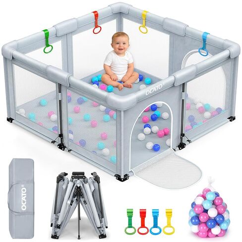 OCATO Baby Playpen: روضة أطفال قابلة للطي للأطفال الرضع والأطفال الصغار، قلم لعب كبير، سياج روضة أطفال محمول، منطقة أمان للأطفال في الأماكن المغلقة والخارجية، ساحة لعب للسفر مع حقيبتين تخزين، 4 معالجات 50 كرة (59 بوصة × 59 بوصة) in Kuwait
