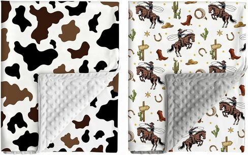 Jola's House 2 Pack Cowboy Baby Blanket Western Cowboy Gender Neutral Minky Blankets for Newborn Baby Girls or Boys Cowboy Nursery Toddler Double Layer Blanket with Dotted Backing (Western) in Kuwait