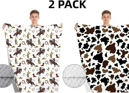 Jola's House 2 Pack Cowboy Baby Blanket Western Cowboy Gender Neutral Minky Blankets for Newborn Baby Girls or Boys Cowboy Nursery Toddler Double Layer Blanket with Dotted Backing (Western) in Kuwait