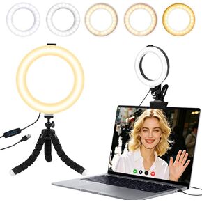 Clip on Ring Light for Laptop, TPQKA 16cm Video Conference Lighting Kit with 5 Color Temperatures & 5 Brightness Levels, Dimmable Webcam Light for Zoom Calls, Remote Working, Live Streaming in Kuwait