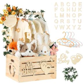 Wooden Baby Shower Crate Closet, Personalized Baby Gift Basket with Hanger | New Born Girl Boy Large Clothes Storage Box for Baby Shower for Pregnancy New Mom Parent in Kuwait