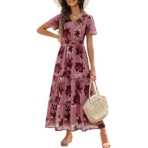 Zattcas Womens 2026 Short Sleeve Summer Floral Maxi Dress | Flutter Sleeve V Neck Dress, Smocked Waist Tiered Dress with Pockets, Casual Long Summer Flowy Boho Modest Dress in Saudi Arabia