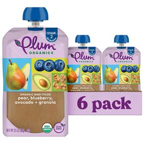 Plum Organics Stage 2 Organic Baby Food - Pear, Blueberry, Avocado, and Granola - 3.5 oz Pouch (Pack of 6) - Organic Fruit and Vegetable Baby Food Pouch in Kuwait