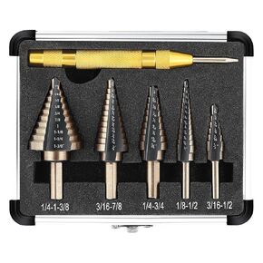 COMOWARE Step Drill Bit Set 5-Piece Titanium-Coated with Automatic Center Punch HSS- Covering 50 Sizes, Complete with Aluminum Case in Saudi Arabia