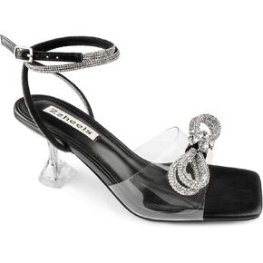 Zzheels Double Bowknots Crystal Clear Shoes Strappy Sandals | Clear Slingback Heels, Rhinesotne Bow Sandals, Square Toe, Elegant Heels in Saudi Arabia
