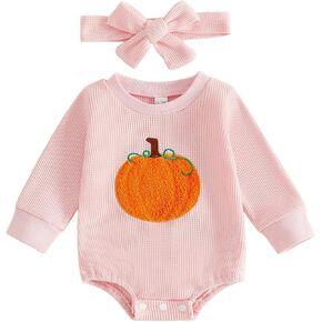 Newborn Baby Girl Halloween Outfit Long Sleeve Pumpkin Romper with Headband | Infant Girl Halloween Clothes Waffle Romper Long Sleeve Pumpkin Embroidery Crewneck Romper Bodysuit with Headband in Kuwait