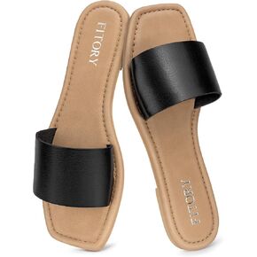 FITORY Womens Slide Sandals Dressy Flat Comfortable Slippers for Summer | Slip On Fashion Square Open Toe Single Band Soft Cushioned Footbed Casual Beach Vacation Daily Wear in Kuwait