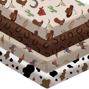 4 Pack Western Cowboy Crib Sheets Set - Fits Standard 52"x28"x8" Crib & Toddler Mattress, Soft Breathable Polyester Baby Nursery Bedding, Cowboy Cow Print Fitted Sheets for Boys in Kuwait