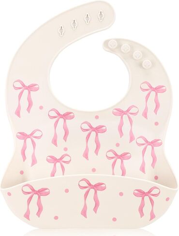 Remerry Silicone Baby Bib with Food Catcher for Girls, Pink Bow Soft Adjustable Waterproof Feeding Bib for Babies & Toddlers in Kuwait