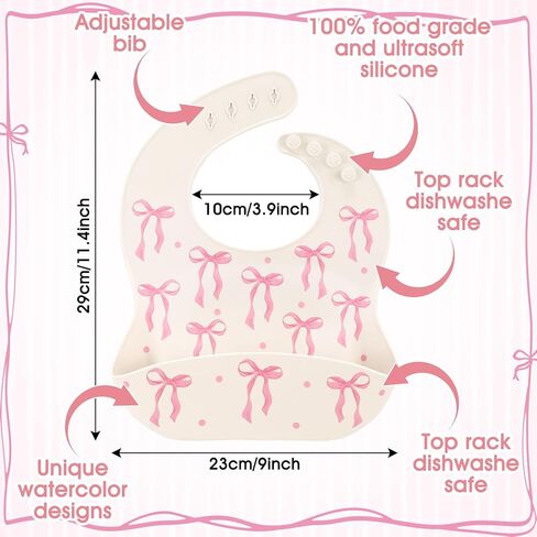 Remerry Silicone Baby Bib with Food Catcher for Girls, Pink Bow Soft Adjustable Waterproof Feeding Bib for Babies & Toddlers in Kuwait