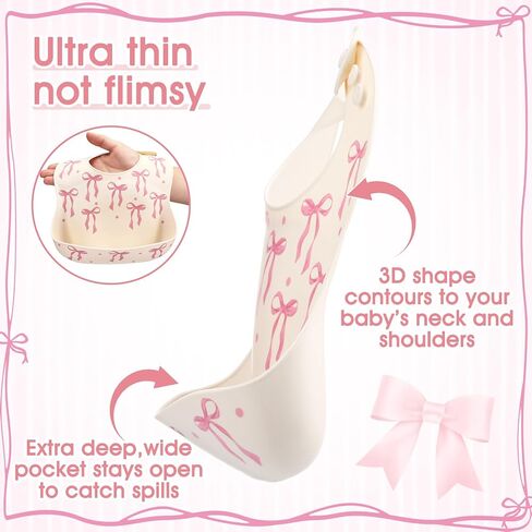 Remerry Silicone Baby Bib with Food Catcher for Girls, Pink Bow Soft Adjustable Waterproof Feeding Bib for Babies & Toddlers in Kuwait