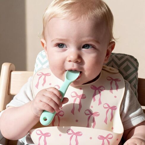Remerry Silicone Baby Bib with Food Catcher for Girls, Pink Bow Soft Adjustable Waterproof Feeding Bib for Babies & Toddlers in Kuwait
