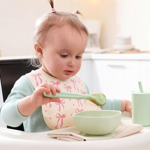 Remerry Silicone Baby Bib with Food Catcher for Girls, Pink Bow Soft Adjustable Waterproof Feeding Bib for Babies & Toddlers in Kuwait