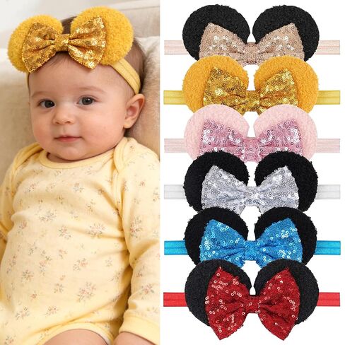 6Pcs Baby Girl Sequin Headband 6Inch Sparkly Large Mouse Ear Nylon Headband | 6 Colors Mouse Ear Bow Wide Nylon Headbands One size fits all Theme park decoration hairbands for Newborn Infant Toddlers in Kuwait