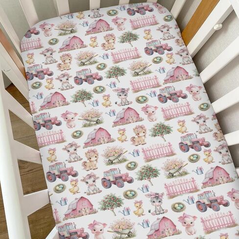 Pink Farm Animals Baby Crib Sheets for Girls Barn Pig Duck Cow Horse Bows Tractors Soft Snug Fitted Crib Mattress Covers for 52''x28'' Standard Crib & Toddler Mattress Farmyard Nursery Baby Sheets in Kuwait