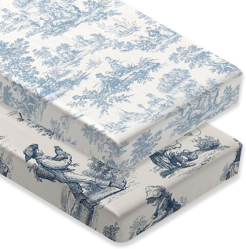 2 Pack Blue and White Toile Crib Sheet Set for Baby Girl, Soft Breathable Fitted Shabby Chic Crib Sheet 28 x 52 in, Vintage French Country Nursery Decor for Standard Crib and Toddler Bed Mattresses in Kuwait