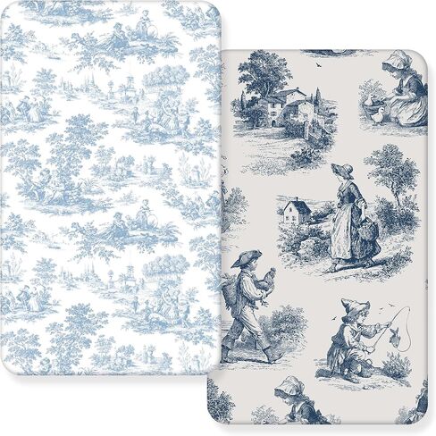 2 Pack Blue and White Toile Crib Sheet Set for Baby Girl, Soft Breathable Fitted Shabby Chic Crib Sheet 28 x 52 in, Vintage French Country Nursery Decor for Standard Crib and Toddler Bed Mattresses in Kuwait